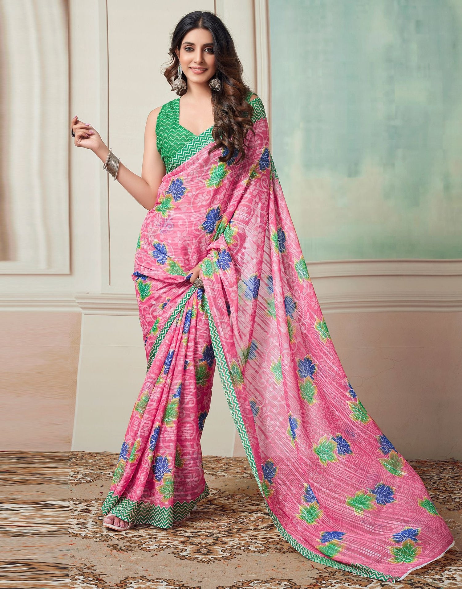 Turquoise printed saree 