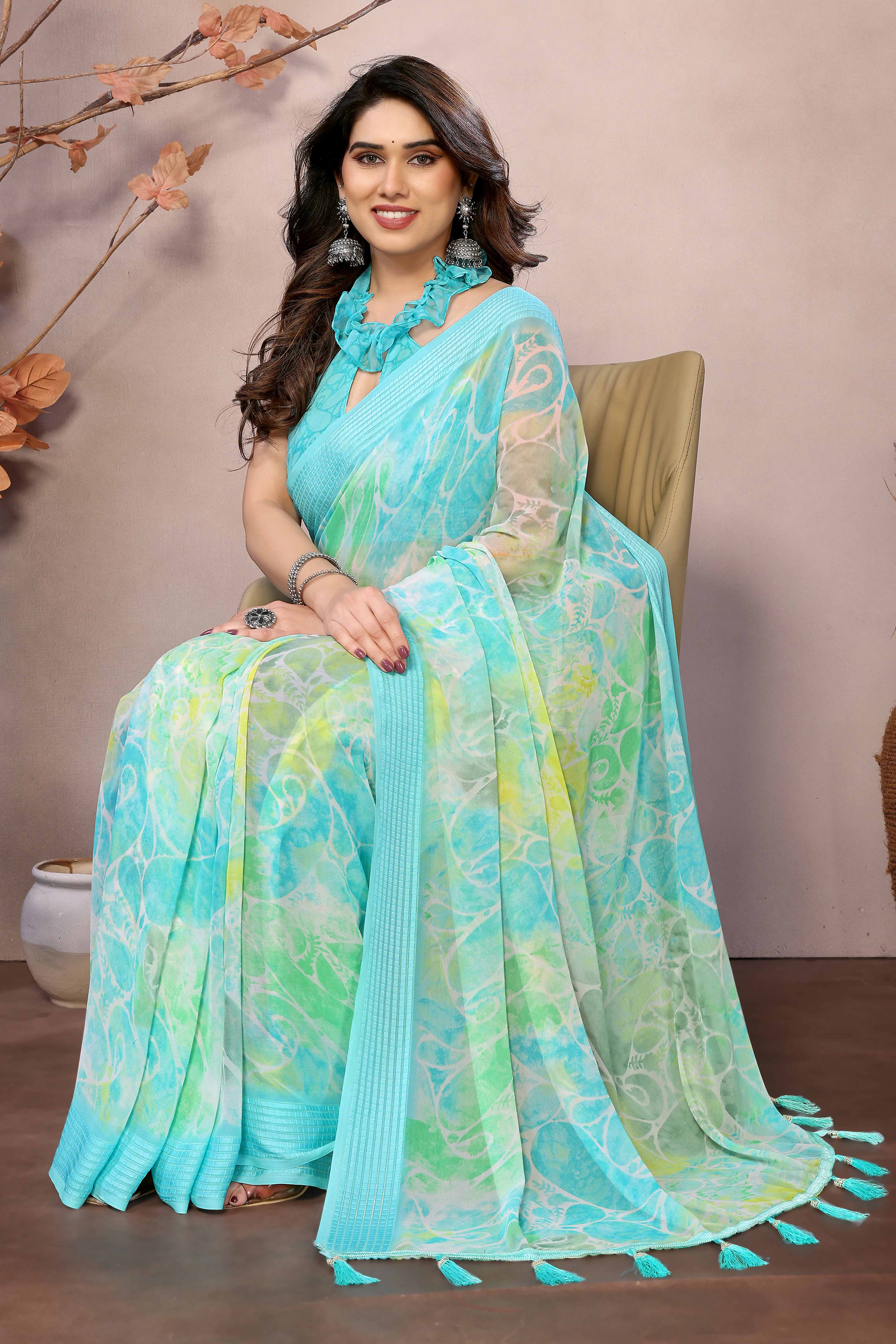 Turquoise printed saree 